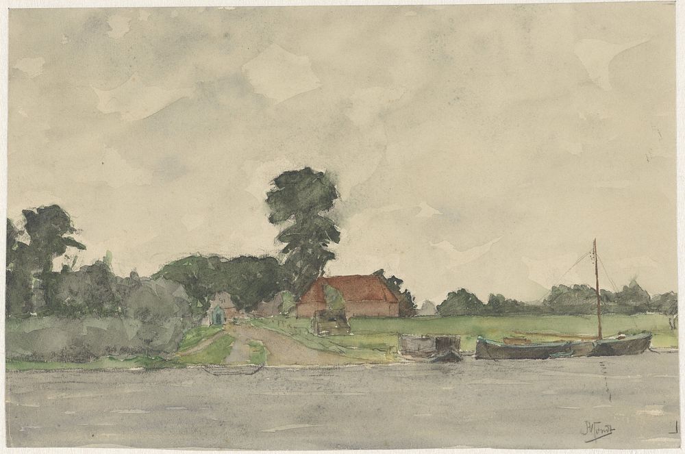 Rivierlandschap met boerderij (1869 - 1941) by Johannes Abraham Mondt and George Henry Boughton
