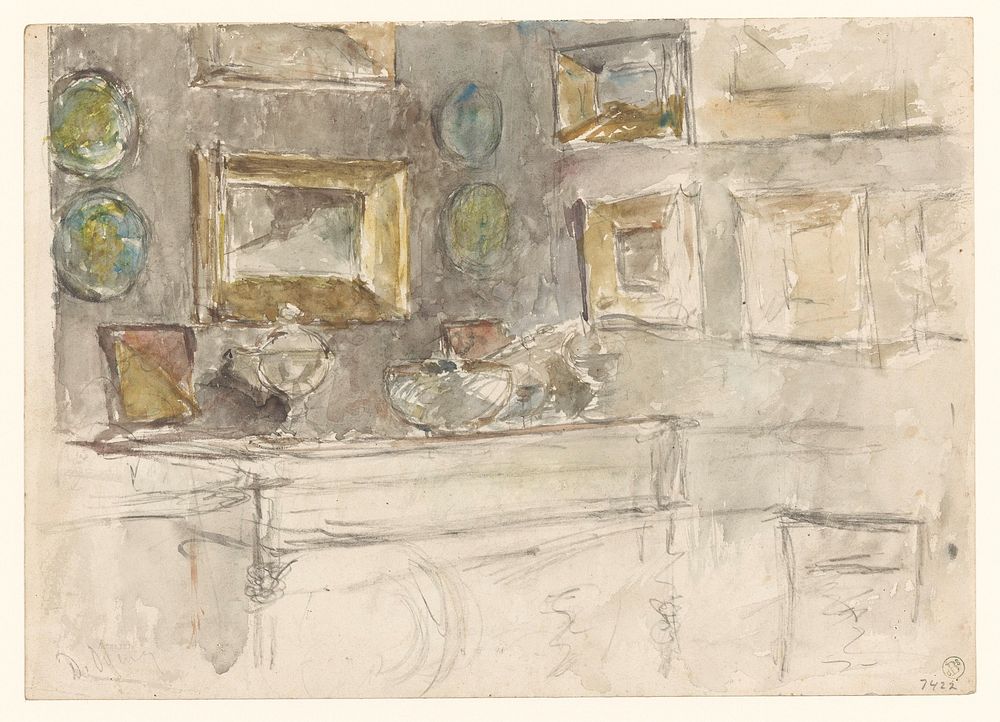 Hoek van een kamer met schilderijen aan de muur (1852 - 1902) by David Oyens