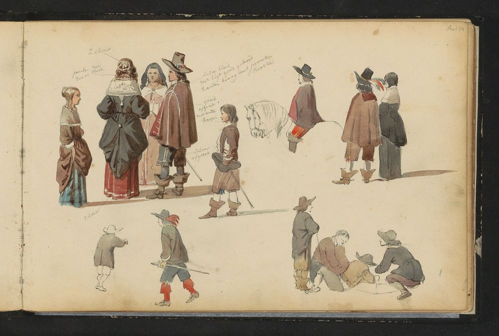 Figuren in zeventiende-eeuwse kleding (1852) by Cornelis Springer