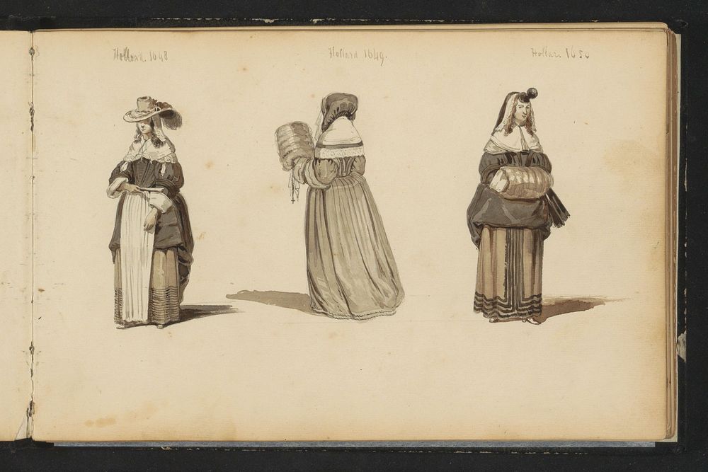 Drie vrouwen in zeventiende-eeuwse kleding (c. 1846 - c. 1882) by Cornelis Springer and Wenceslaus Hollar