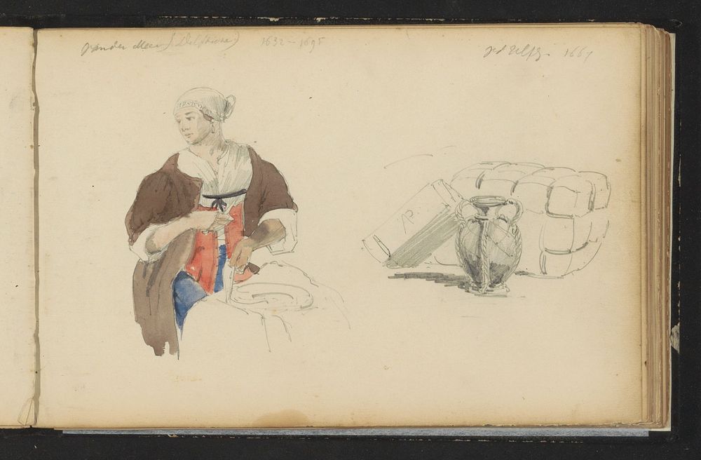 Goederen en een vrouw in zeventiende-eeuwse kleding (c. 1846 - c. 1882) by Cornelis Springer, Jacob van der Ulft and…