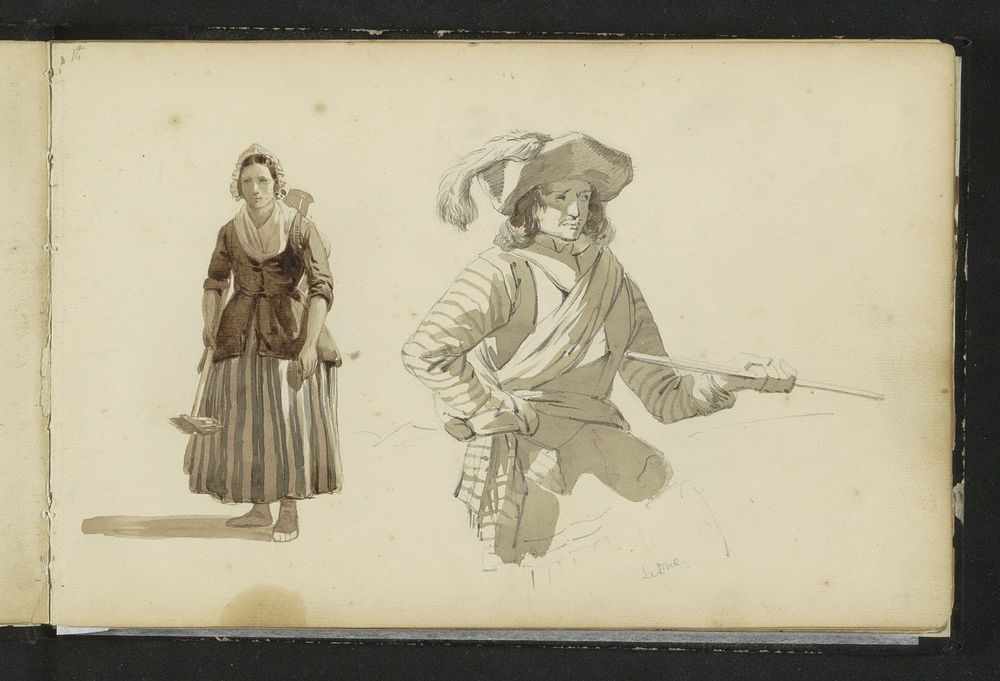 Boerin en een man in zeventiende-eeuwse kleding (c. 1846 - c. 1882) by Cornelis Springer and Andrea di Leone