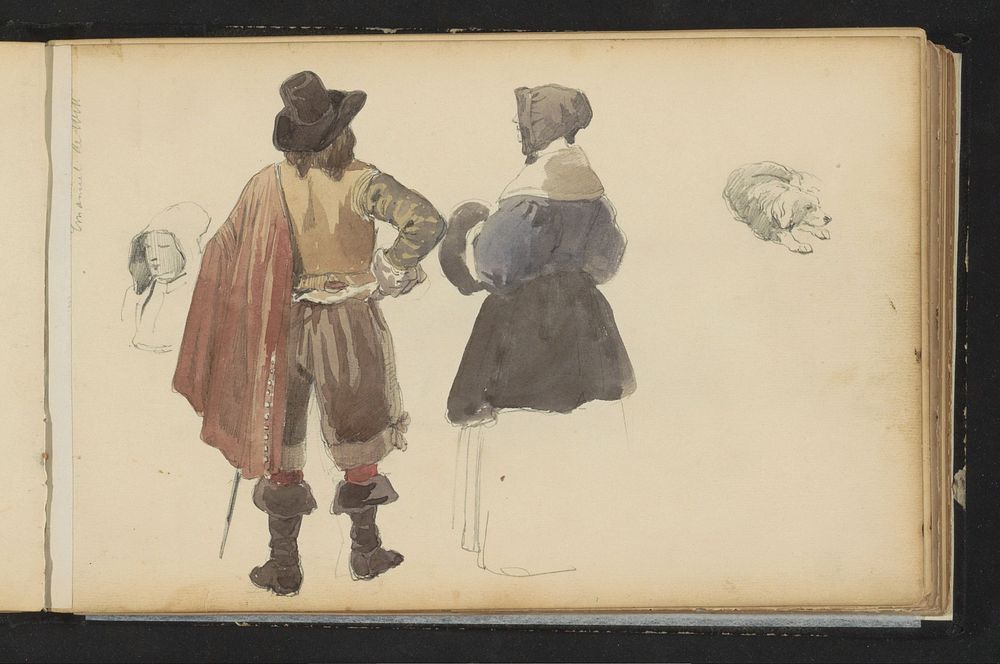 Figuren in zeventiende-eeuwse kleding en een hond (c. 1846 - c. 1882) by Cornelis Springer and Emanuel de Witte