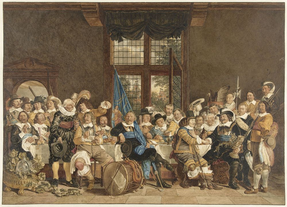 De schuttersmaaltijd in de Voetboogdoelen te Amsterdam ter viering van het sluiten van de vrede van Munster, 18 juni 1648…