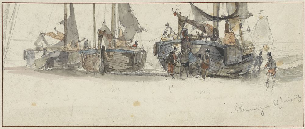 Vissersboten op het strand van Scheveningen (1839) by Willem Roelofs I
