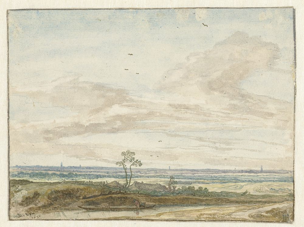 Wijd landschap met een weg langs een vaart (1630) by Pieter de Molijn