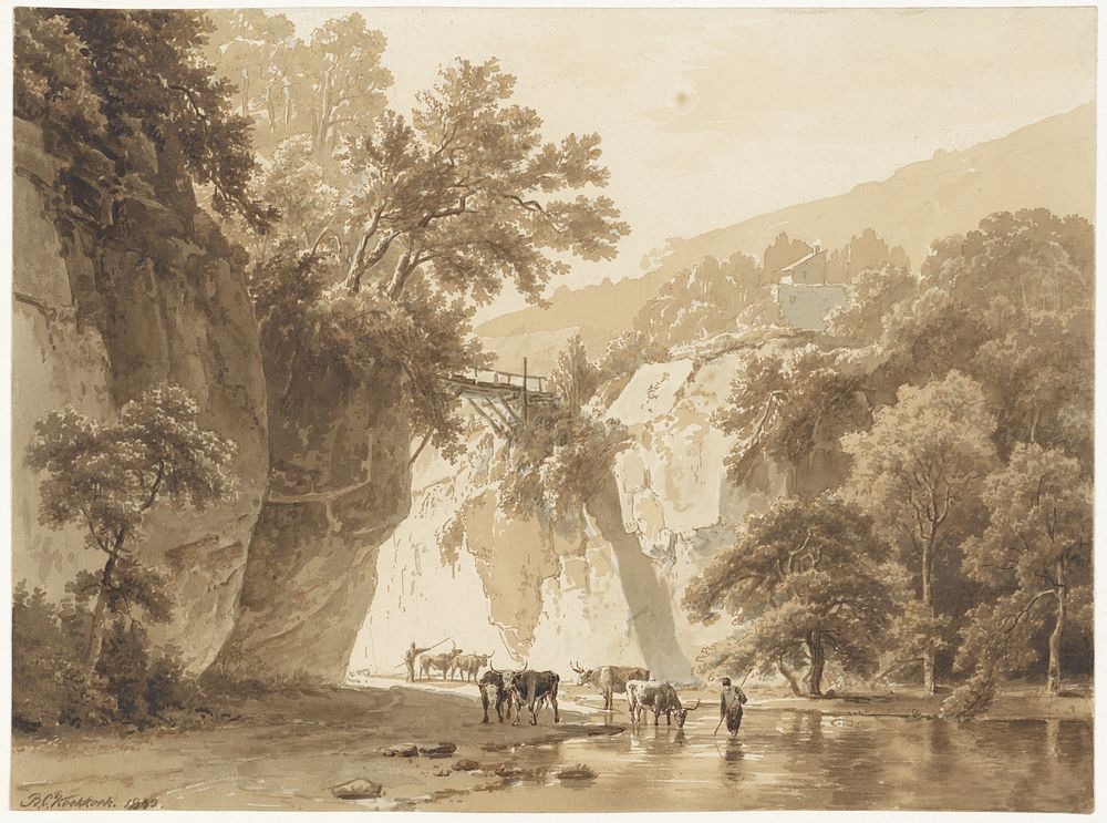 Rotsachtig landschap met drinkende koeien (1830) by Barend Cornelis Koekkoek