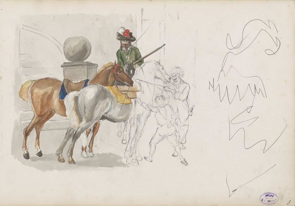 Drie mannen en een jongen bij drie paarden (1873) by George Hendrik Breitner