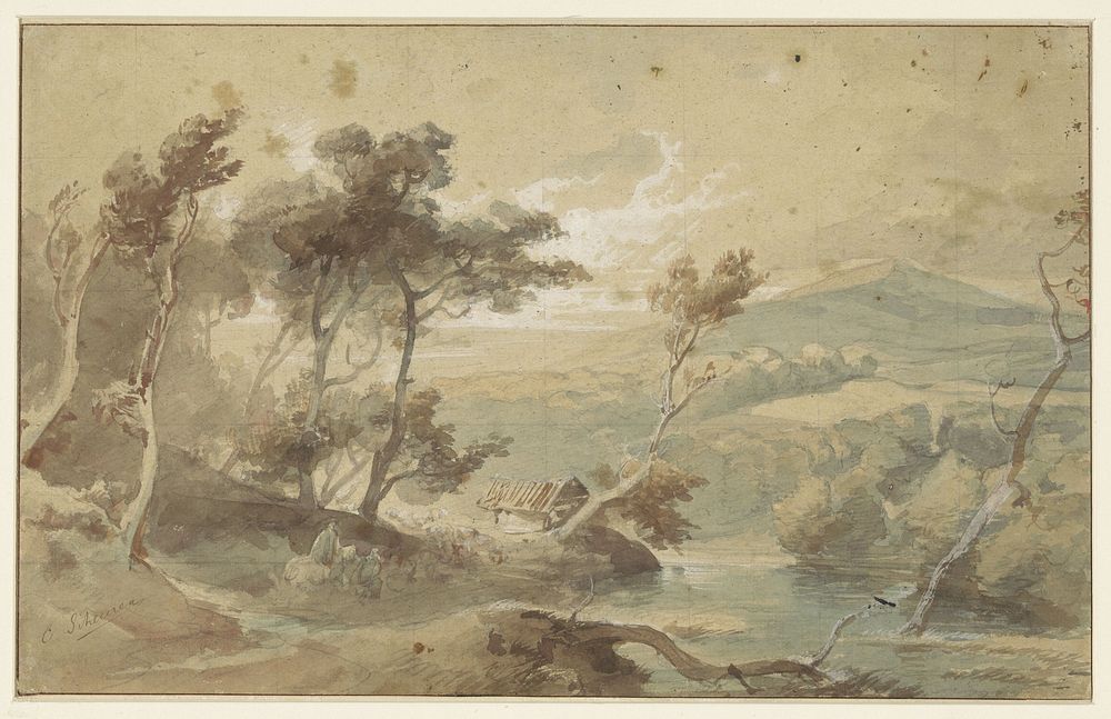 Berglandschap met rivier (1820 - 1887) by Caspar Johann Nepomuk Scheuren
