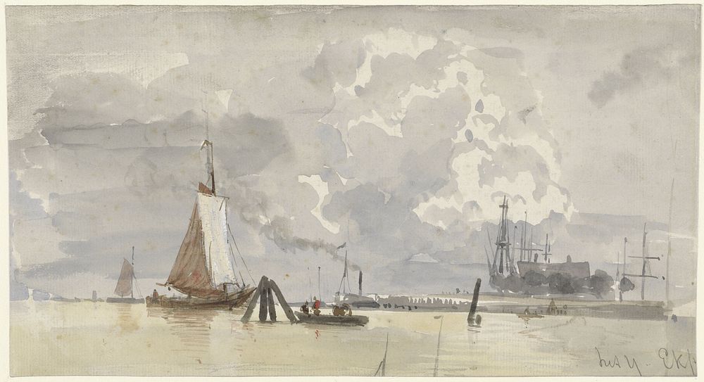 Gezicht op het IJ te Amsterdam (1827 - 1892) by Everhardus Koster