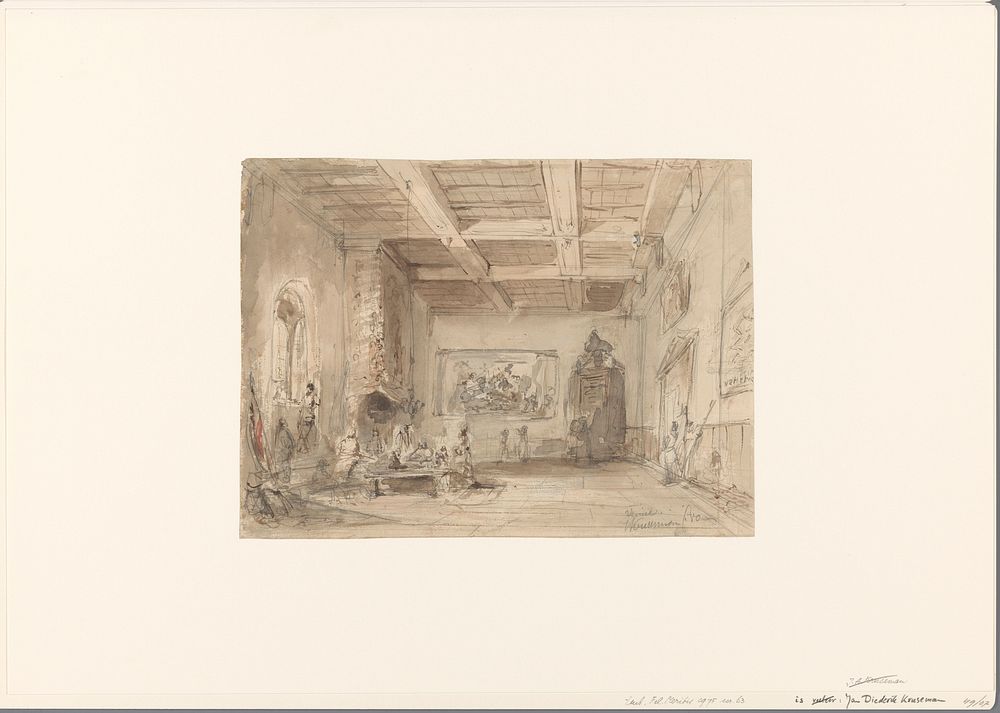 Interieur van grote zaal met schilderijen, een kaart van Venetië en wapens (1880) by Jan Diederikus Kruseman