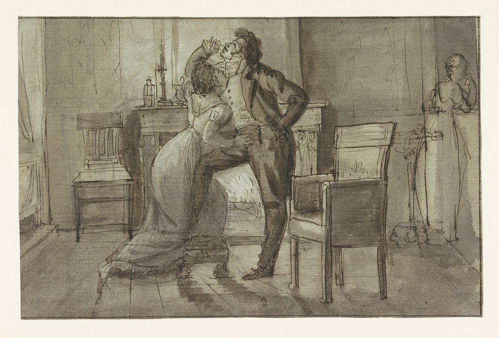 Vrijend paar voor haard, bespied door een dienstmeid (1752 - 1839) by Mattheus Ignatius van Bree and Jurriaan Andriessen