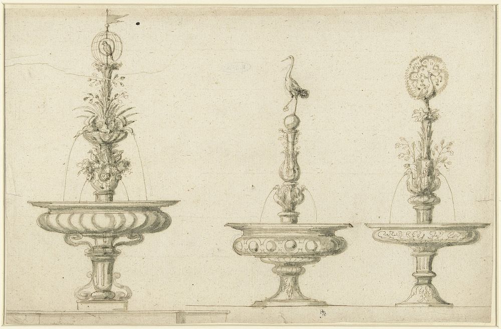 Ontwerpen voor drie fonteinen met vogels (c. 1550) by anonymous