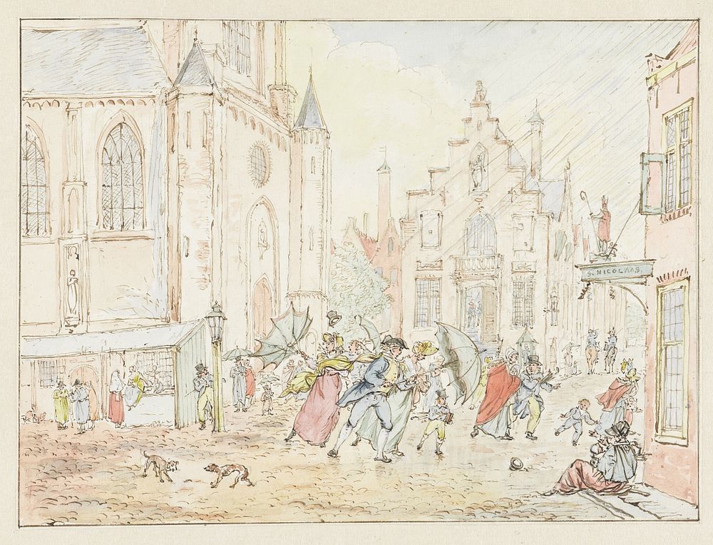 Plein met mensen in de regen (1782 - 1837) by Pieter Bartholomeusz Barbiers