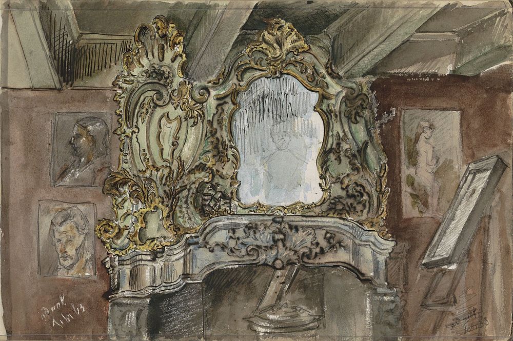 Schouw met ornamentele spiegel in een interieur (1863) by Isaac Gosschalk and Joseph Henry Gosschalk