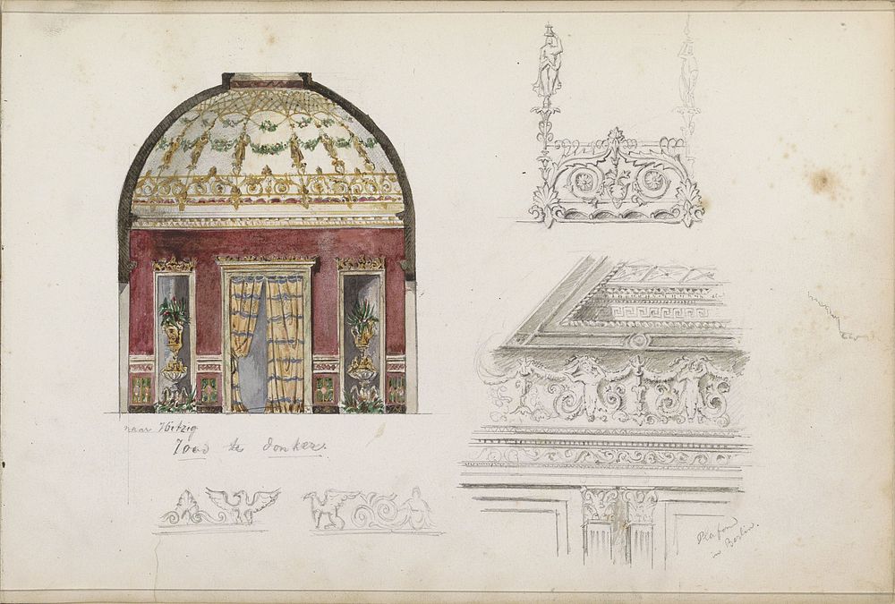 Interieur met koepel, een cassetteplafond in Berlijn en decoraties voor een kroonlijst (1862 - 1867) by Isaac Gosschalk and…
