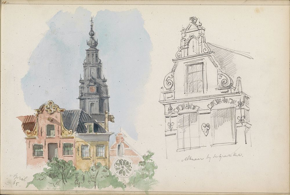 Toren van de Zuiderkerk te Amsterdam en een gebouw bij de Grote Kerk te Alkmaar (1865) by Isaac Gosschalk and Joseph Henry…
