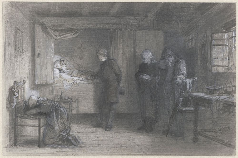 Witse bij het ziekbed van Barte uit Dokter Lief en Leed (1849 - 1905) by Ferdinand Carl Sierich