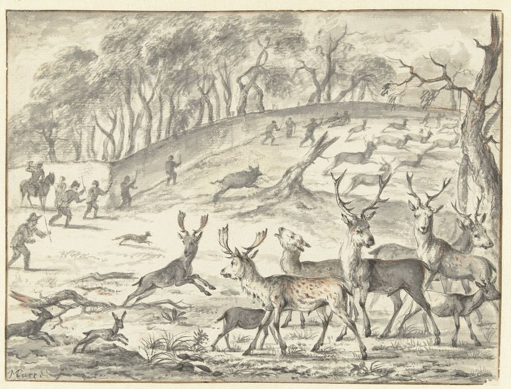 Drijfjacht op herten (1667 - 1727) by Michiel Carree