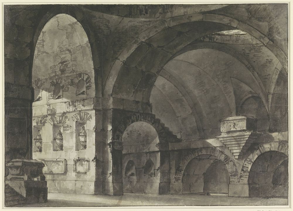 Interieur van een groot antiek gebouw met tongewelven en een koepelsubstructie (1769 - 1850) by Giovanni Battista Piranesi…