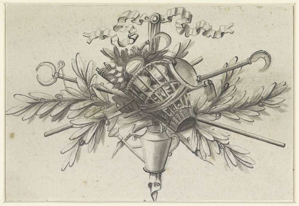 Trofee met tuinbouwgereedschappen (1700 - 1800) by anonymous