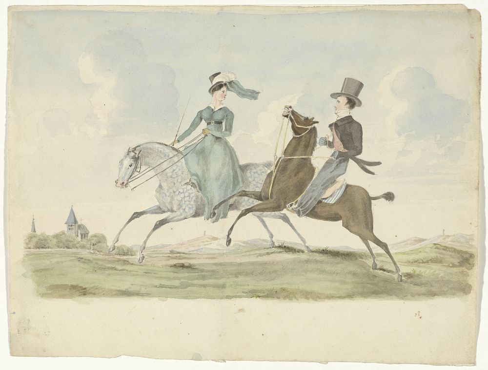 Man en vrouw te paard in een landschap (1811 - 1873) by Pieter van Loon