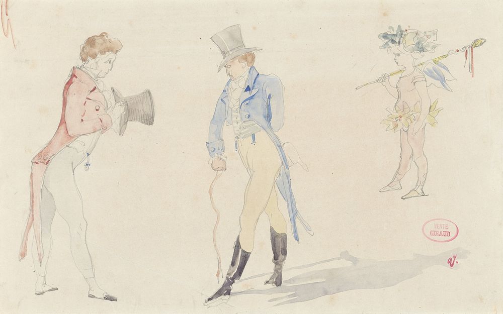 Licht schetsblad met twee elkaar ontmoetende dandies en een ballet-amour (1816 - 1881) by Pierre François Eugène Giraud