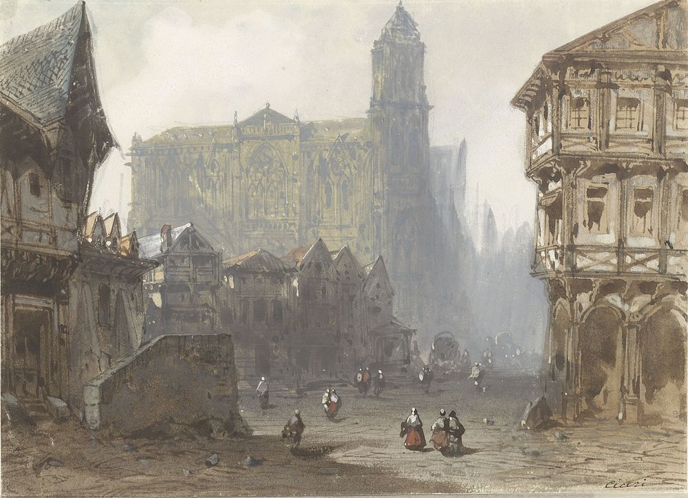 Het Oude Marktplein te Rouen (1792 - 1868) by Pierre Luc Charles Cicéri