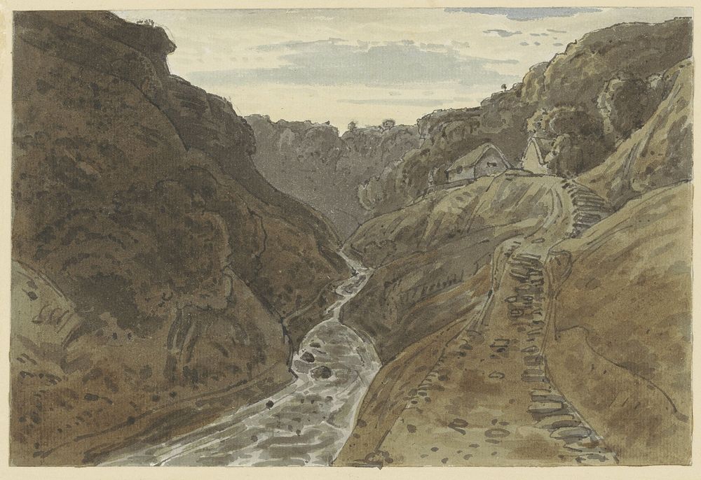 Rivierdal en bergweg leidend tot twee huizen (1777 - 1842) by George Barret II