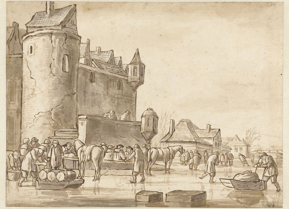 Schaatsenrijders en sleden voor een stadswal (1640 - 1676) by Nicolaes Molenaer