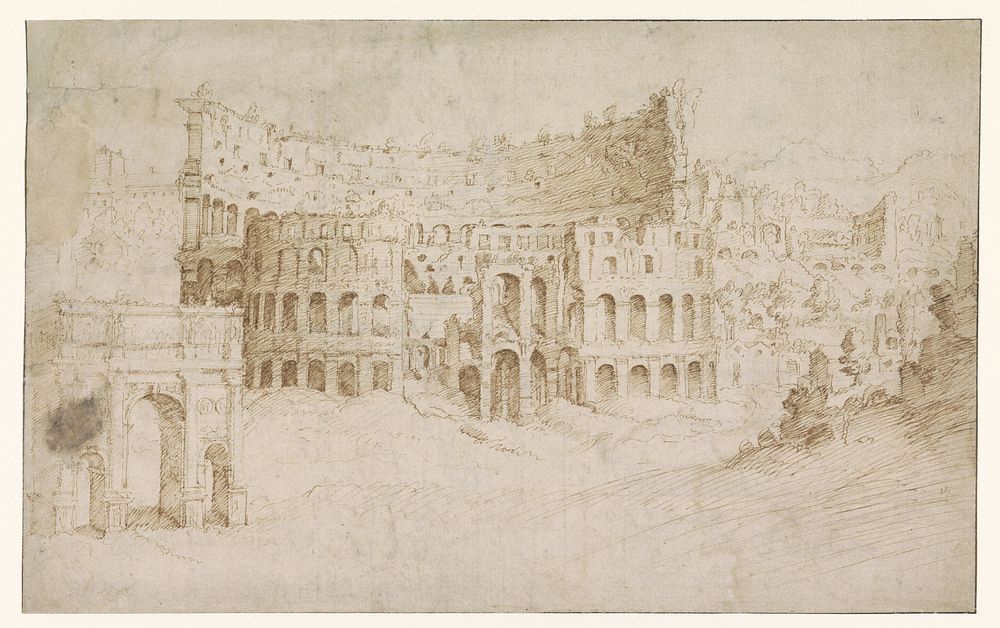 Gezicht op het Colosseum, de boog van Constantijn en de omgeving (1500 - 1600) by anonymous
