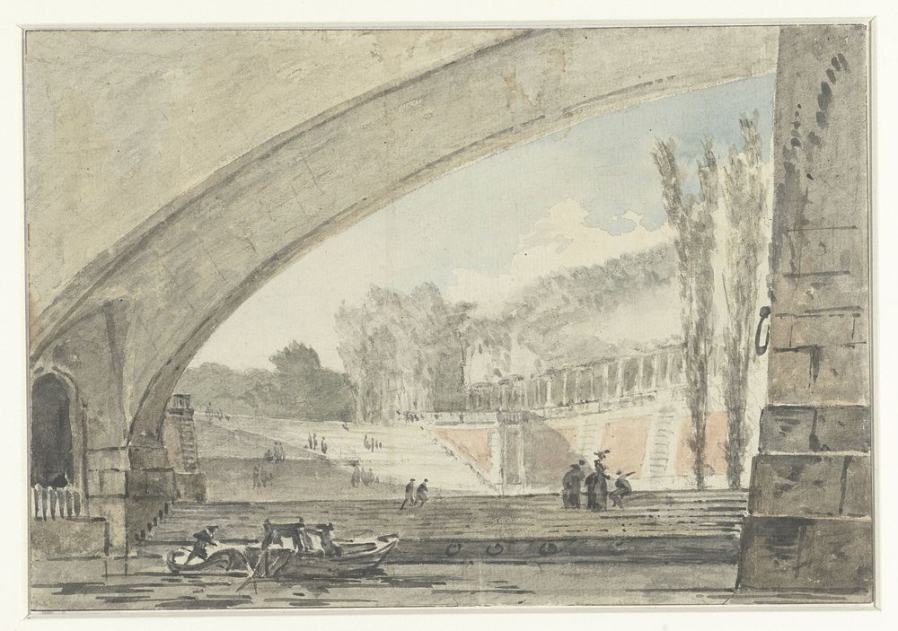 Doorzicht onder een brug naar terrassen en een trap (1750 - 1806) by Louis Gabriel Moreau
