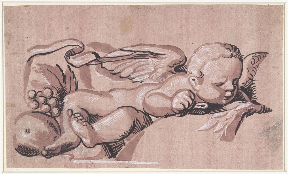 Liggend engeltje met vruchten (1550 - 1599) by anonymous