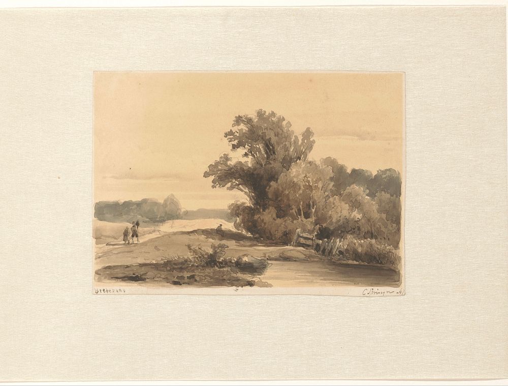 Landschap bij Brederode met wandelaars op een pad (1847) by Cornelis Springer