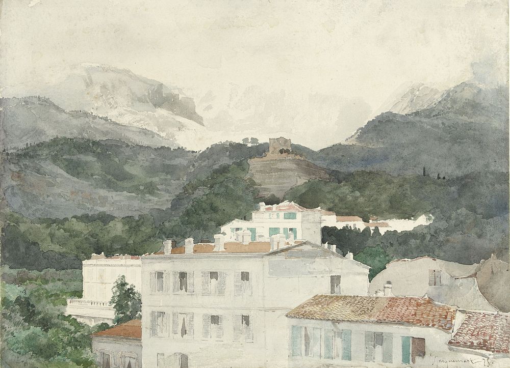 Landhuizen aan de voet van de bergen, hooggebergte in het verschiet, La Turbie (1875) by Jules Ferdinand Jacquemart