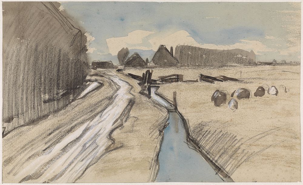 Landschap met een weg langs een sloot (c. 1864 - c. 1936) by Jan van Essen