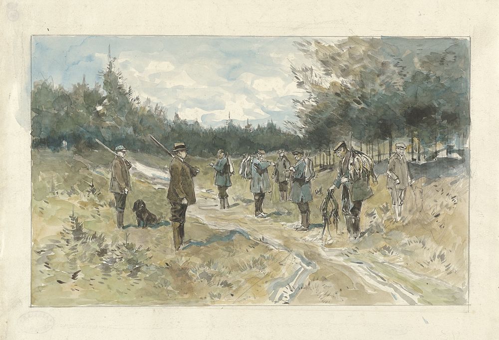 Landschap met groep jagers na de jacht op de Leusderhei (1864 - 1936) by Jan van Essen