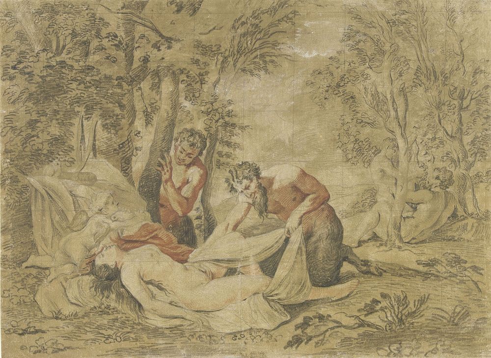 Twee saters bespieden een slapende nimf (1705 - 1721) by Jean Antoine Watteau and Nicolas Poussin