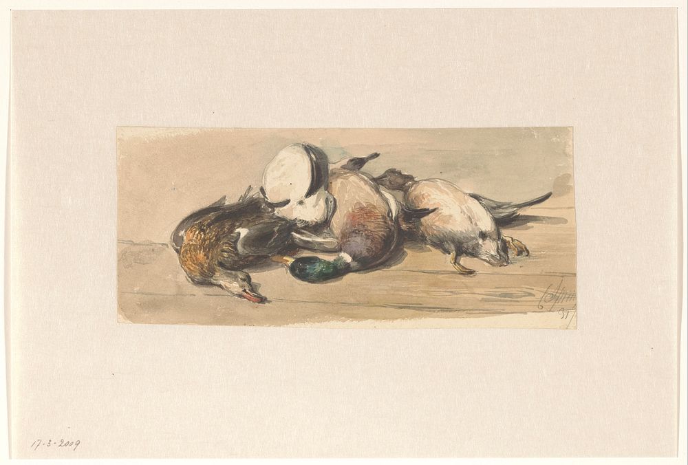 Stilleven met vier eenden (1844) by Cornelis Springer