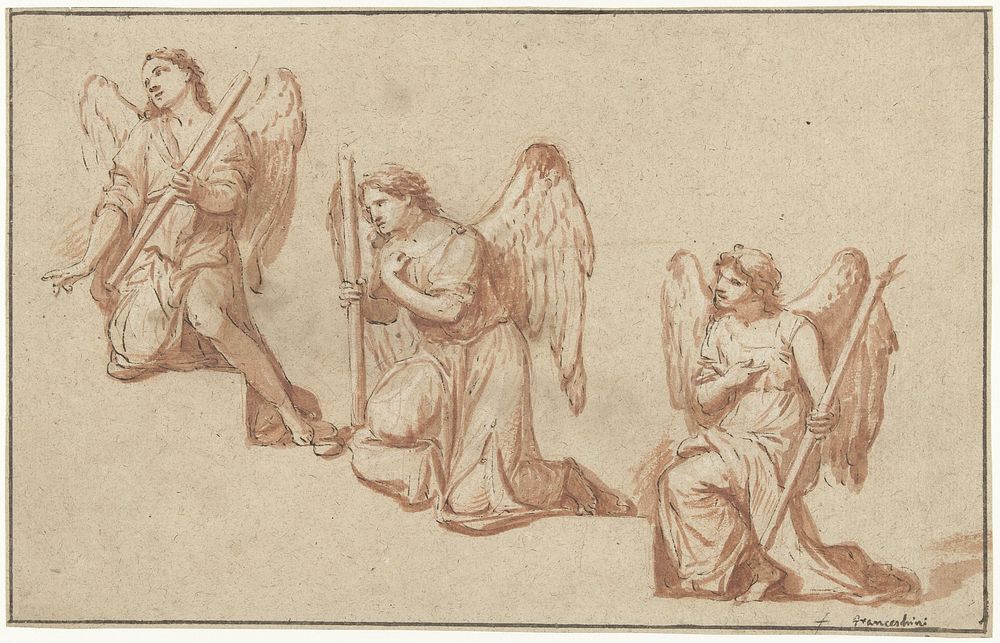 Drie studies van knielende engelen met een toorts (1690 - 1699) by Marco Antonio Franceschini