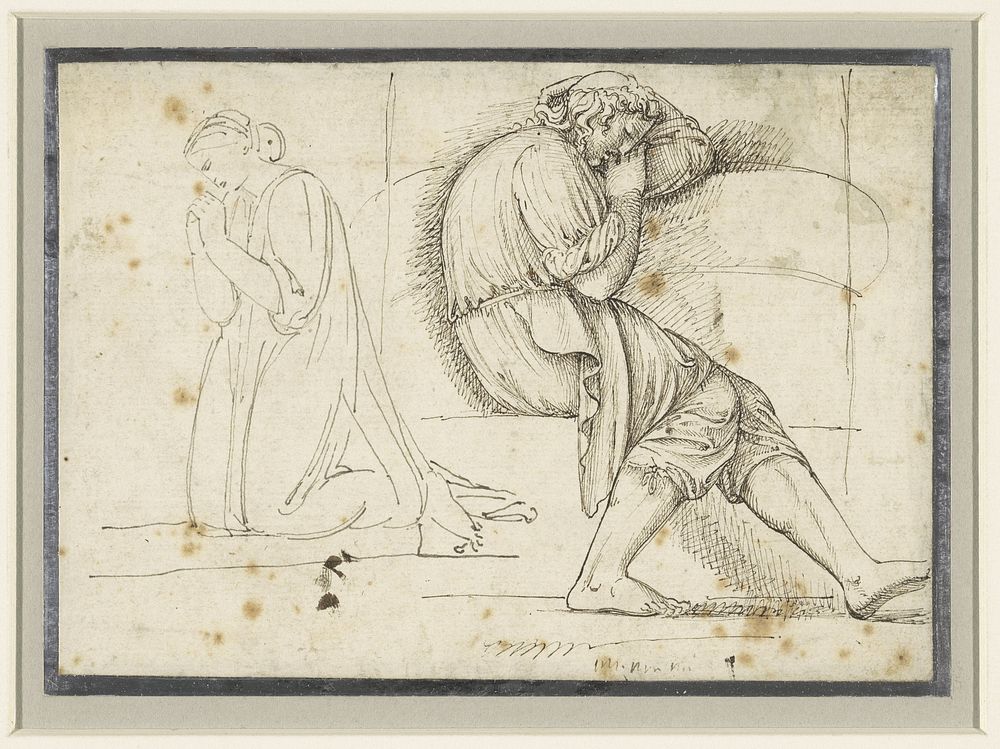 Studieblad met een slapende jongeman en een geknield biddende vrouw (1765 - 1826) by John Flaxman II