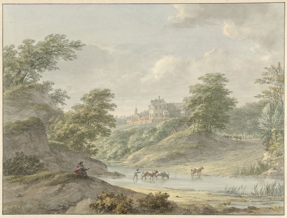 Landschap met zittende tekenaar en kasteel aan water (1754 - 1820) by Hermanus Numan