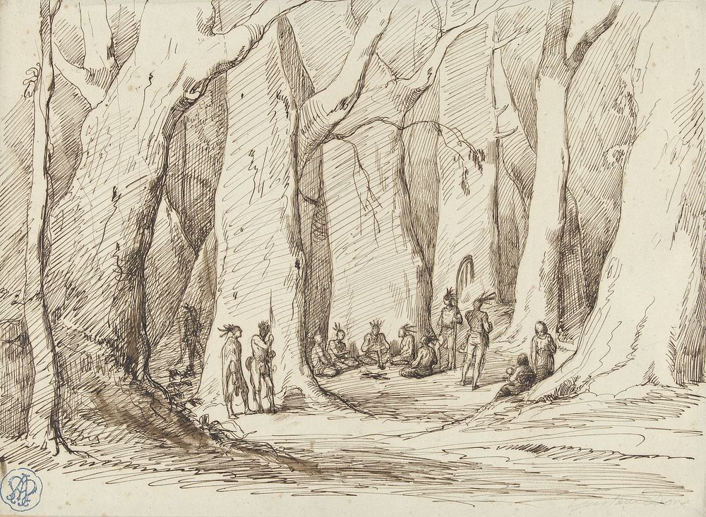 Bijeenkomst van oorspronkelijke Amerikanen in een bos (1842 - 1883) by Gustave Doré