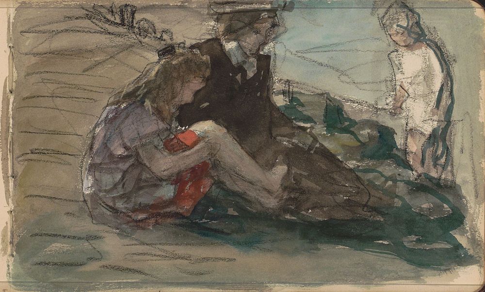 Vrouw met twee kinderen langs de waterkant (1881 - 1927) by Johan Antonie de Jonge