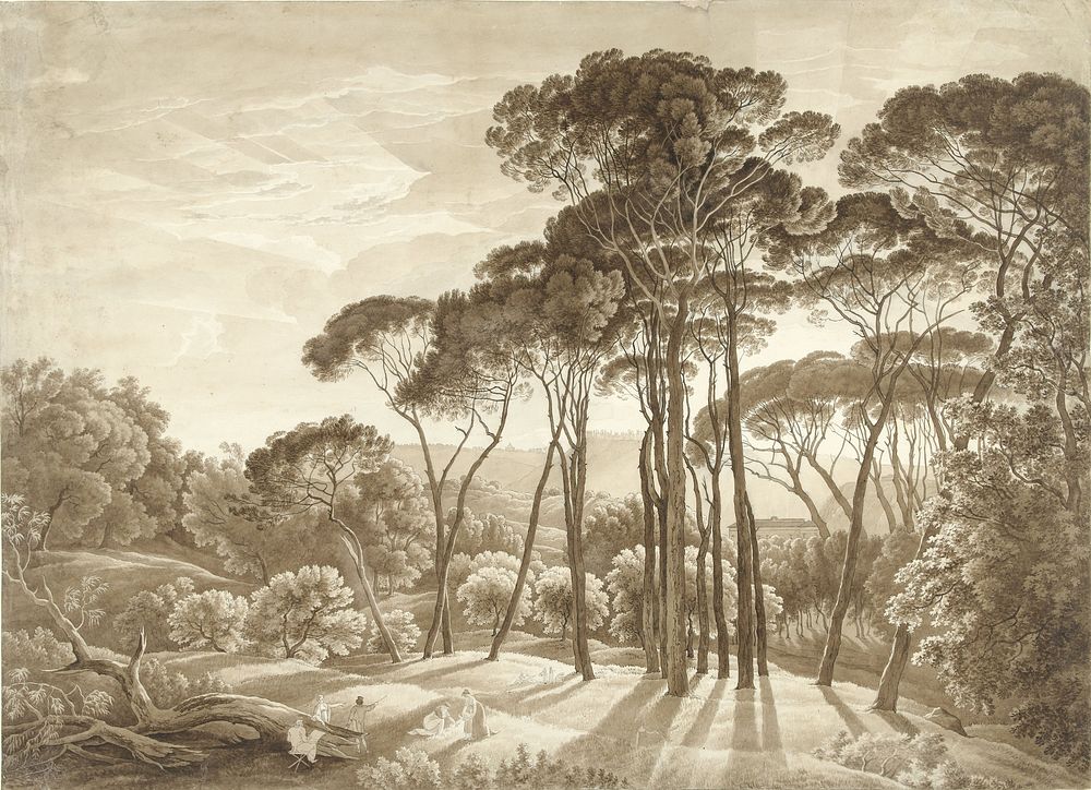 Boslandschap in de omgeving van Rome met ondergaande zon (1788 - 1839) by Hendrik Voogd