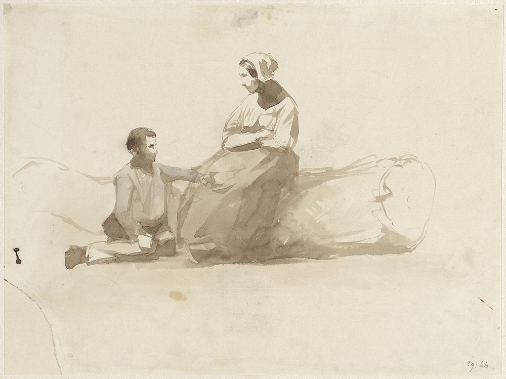 Vrouw op een boomstam en een jongen met een boek (1841 - 1857) by Johan Daniël Koelman