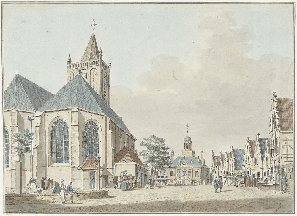 De markt te Vlaardingen met de kerk en het stadhuis (1737 - 1779) by Pieter Jan van Liender