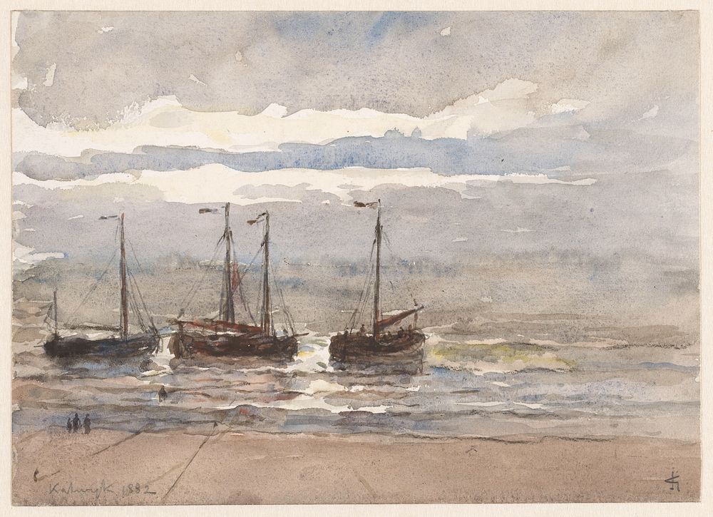Vissersschepen op het strand van Katwijk bij opkomende vloed (1882) by Carel Nicolaas Storm van s Gravesande