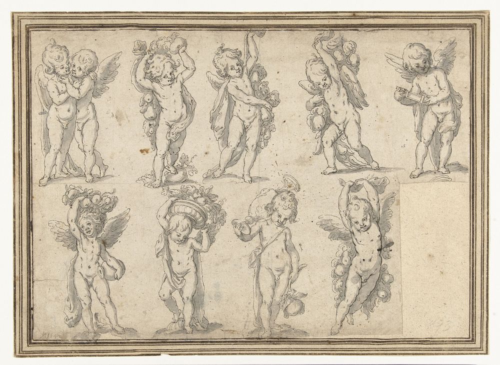 Studieblad met tien engeltjes met attributen (1642) by anonymous and Erasmus Quellinus II
