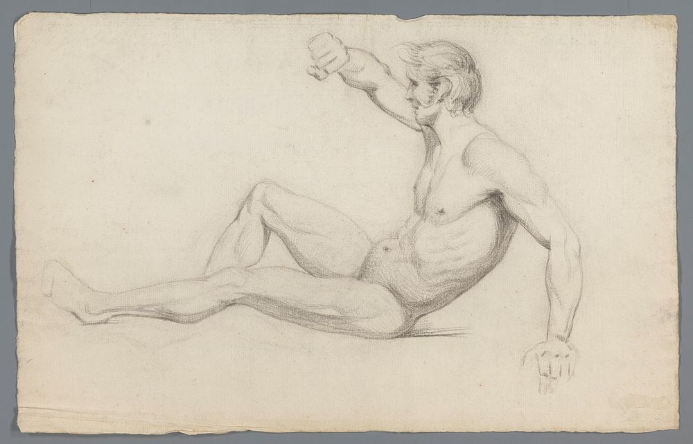 Zittend mannelijk naakt, met opgeheven arm (1818 - c. 1900) by Gerard Allebé